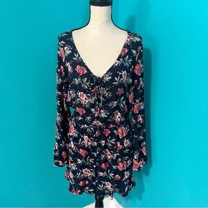 NWT American Eagle L Navy Blue Pink Floral Print Bell Sleeve Romper Keyhole Back